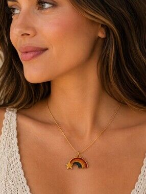 VTG RAFAELIAN 1970s Rainbow Star Cloisonne Pendant Festival Chain Necklace